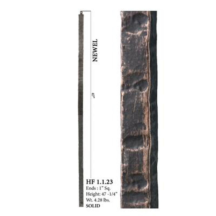 1.1.23 1" Square Hammered Plain Iron Newel Post | Metal Railing