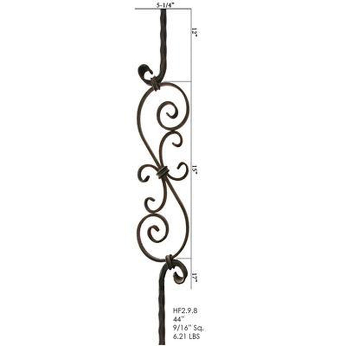 2.9.8 9/16" Square Hammered S Scroll Iron Baluster Spindle | Metal Railing