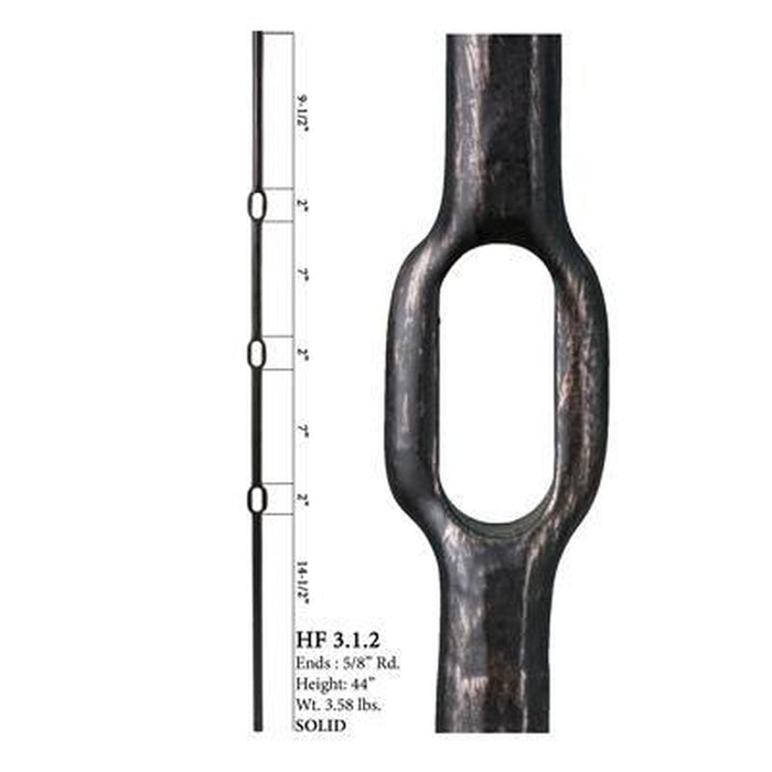 3.1.2 5/8" Round Hammered Triple Ring Iron Baluster Spindle | Metal Railing