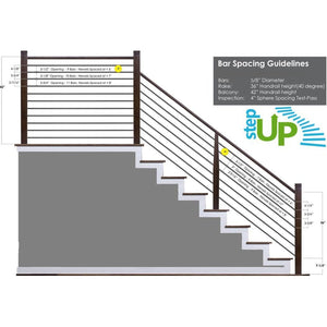 Modern Horizontal Bar Balustrade Spacking Diagram | Straight 1/2" & 5/8" by StepUP Stair 